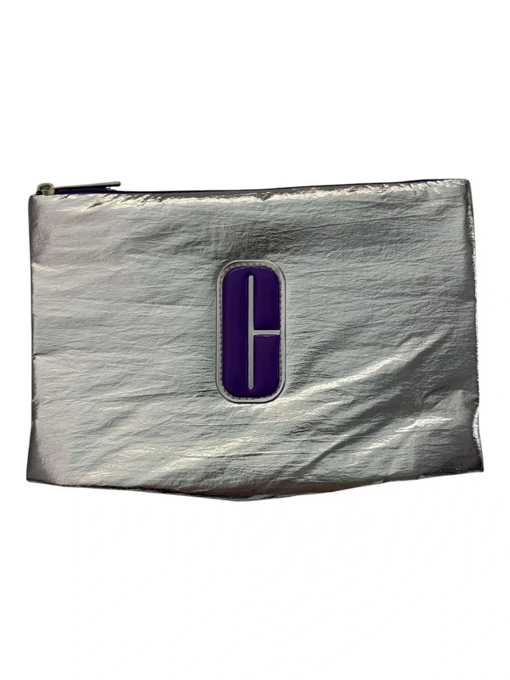 Clinique Silver Metallic Crinkle Makeup Bag Pouch Purple Logo